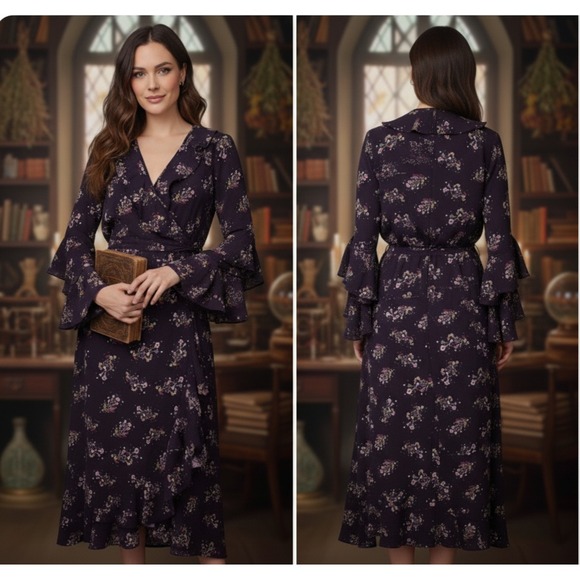Max Studio Wrap Dress XL Purple Floral Ruffle Witchy Whimsigoth Dark Academia - Picture 1 of 16